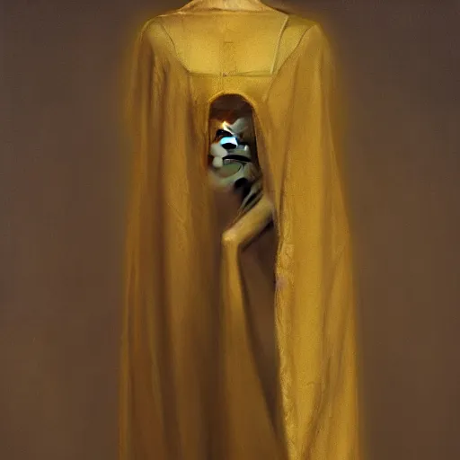 Image similar to a silhouette dressed with a shroud wears a human golden mask, by jean delville and sophie anderson and mandy jurgens, golden ratio, perfect composition, elegant, no crop, extremely detailed, hd, masterpiece, artstation