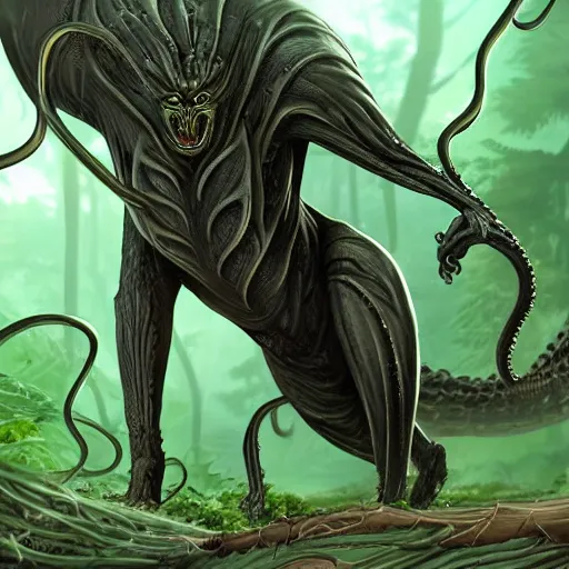 Prompt: large running alien quadruped with an elongated body, resembling a big cat made our of black squirming tendrils and tentacles, in the shape of a stalking predator with four distinct legs and many appendages sprawling out, thick forested environment, leaping out from the forest tree line
