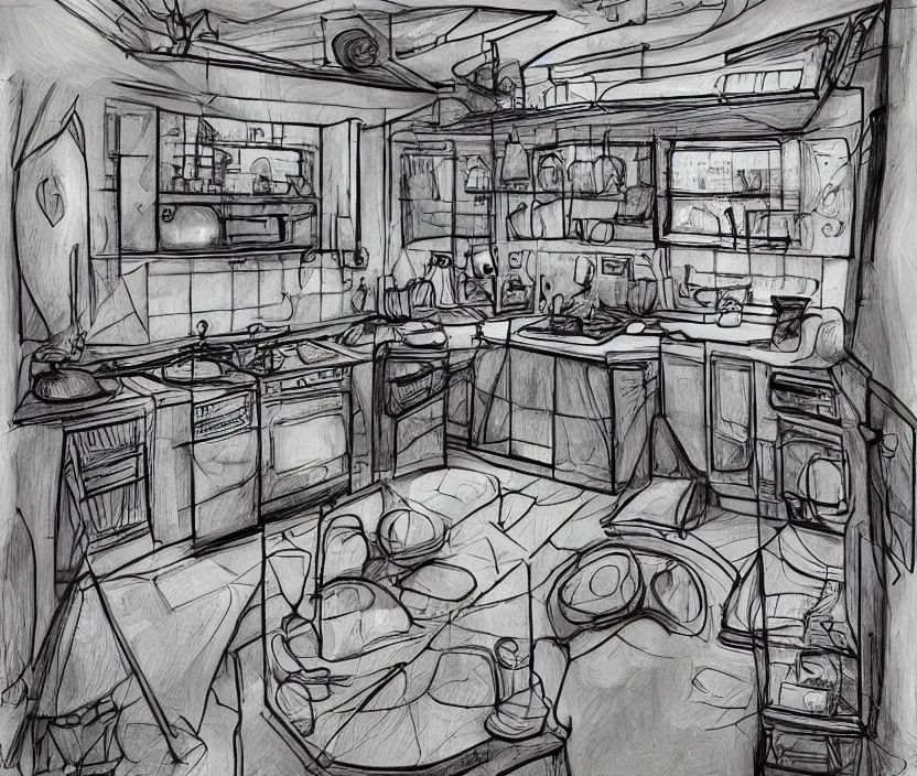 Image similar to An of interior of a kitchen at night, rotoscoped, rotoscope, photoshop, photomanipulation, realism, painting, illustration and sketch, weird scribbles, hybrid styles, hybrid art styles, mismatched, trending on artstation, trending on deviantart, weird, quirky, interesting, very detailed, highly detailed, HD Quality, 4k resolution, 8k resolution, in the style of David Firth, in the style of James Lee, in the style of Drue Langlois,