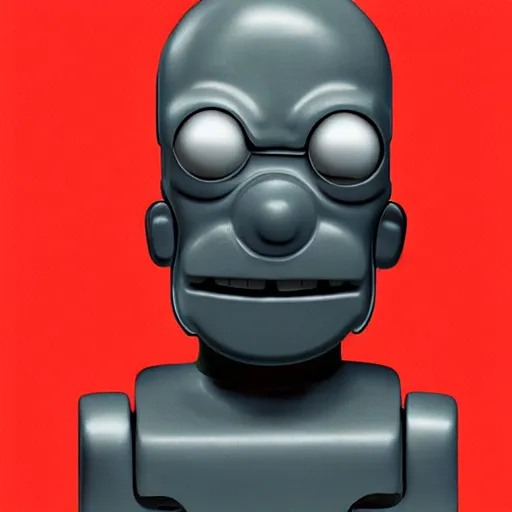 Prompt: a cyborg Homer Simpson, made of matte metal. His eyes are white with a black pupil. It is a whole head and body image