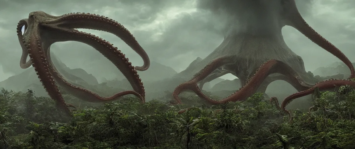 Image similar to a giant octopus god emerging over a rain forest, lightning, ambient sun, a volcano erupts, still from the movie the arrival, 8k