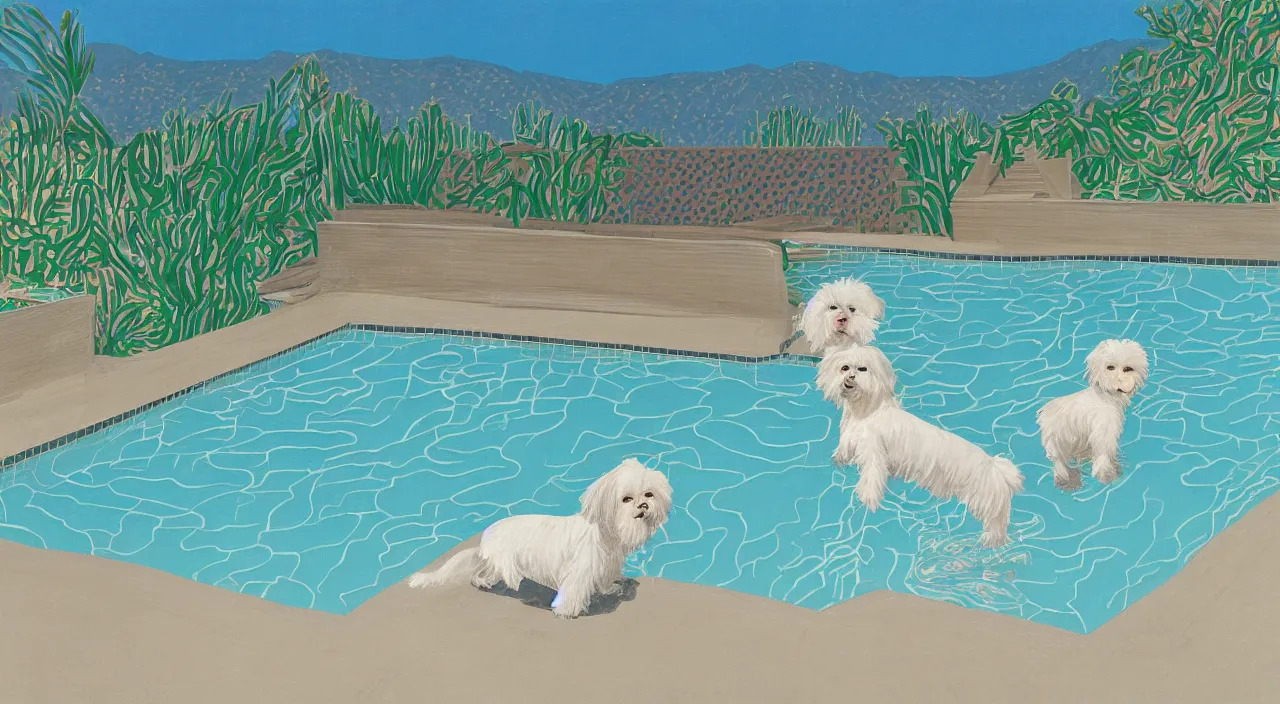 Image similar to a cream colored havanese dog swimming in a swimming pool at a mid century modern house in palm springs by david hockney