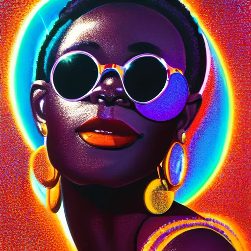 Prompt: head and shoulder portrait of a nubian chocolate disco queen, impish smile, eyes peering just above her sunglasses, illuminated from behind by a giant mirrored disco ball with light shooting out of it, 3 d oil painting, 4 k, retro, cinematic, smooth, rich volumetric light, by mati klarwein and john berkey