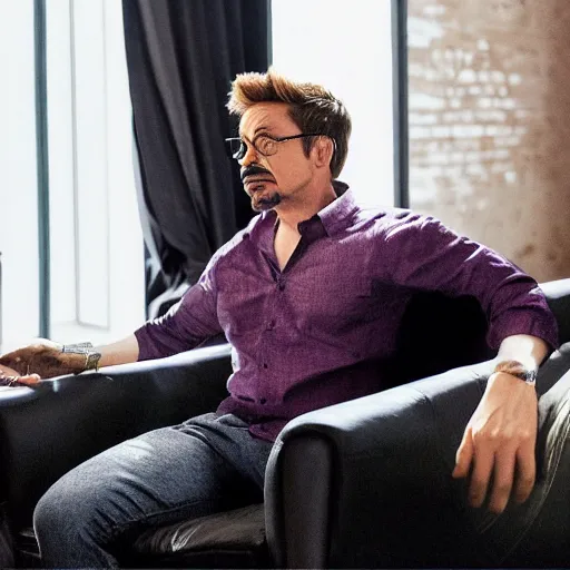 Prompt: a photo of a man sitting on his couch watching robert downey jr interview