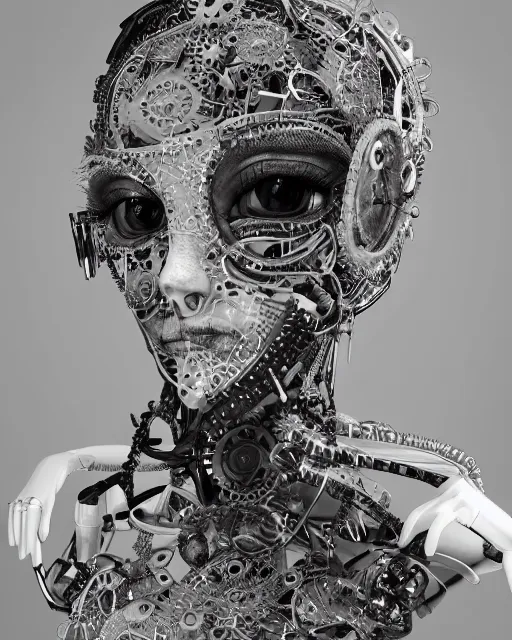 Image similar to black and white dreamy foggy smoky profile face portrait, one silver steampunk eye biomechanical beautiful young female cyclope - cyborg - robot bust, body ribs meshes,, volumetric light, hibiscus flowers, by hg giger, rim light, by dora maar and cecile beaton, big gothic fashion pearl embroidered collar, 8 k