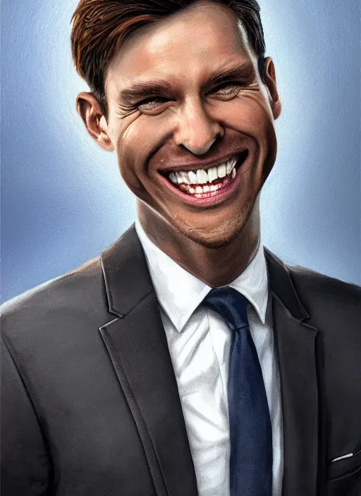 Image similar to a hyper realistic portrait of a smiling male alien in a suit for advertisement, artstation