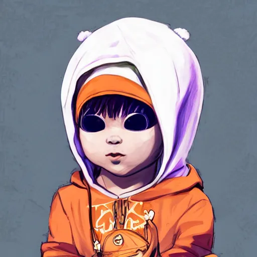 Image similar to baby Angel, baby cherub,wearing angel halo, ski mask, balaclava, face covered, wearing angel halo covered face, orange hoodie, hip hop, multiple golden necklaces, fantasy art apex fortnite Video game icon, 2d game art gta5 cover , official fanart behance hd artstation by Jesper Ejsing, by RHADS, Makoto Shinkai and Lois van baarle, ilya kuvshinov, rossdraws