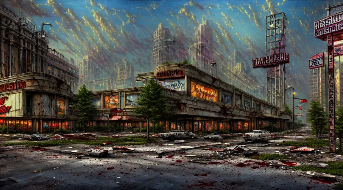 Prompt: post apocalyptic casino building, avenue, urban architecture, americana architecture, concrete architecture, paved roads, by thomas kinkade trending on artstation, photorealistic, wild vegetation, rubble, nature overgrowth, blood stains, building crumbling