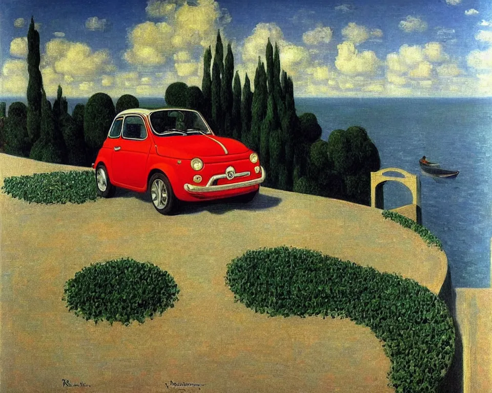 Image similar to achingly beautiful painting of a fiat 5 0 0 by rene magritte, monet, and turner. whimsical.