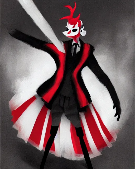 Image similar to Medium shot of Red Imp + White black striped horns + Formal outfit, in the style of greg rutkowski