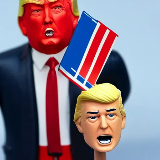 Prompt: a toy figure of donald trump holding usa flag