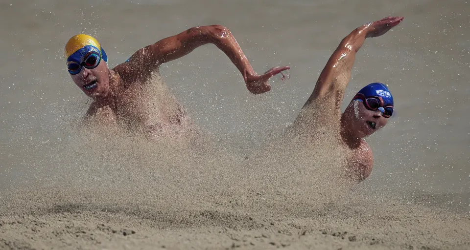 Image similar to olympic swimming in sand instead of water, extremely coherent, motion blur