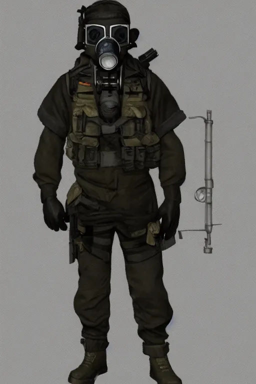 Image similar to british sas operative with the standard s 1 0 gas mask and the black uniform, 8 0 s, artstation, trending on artstation, establishing shot