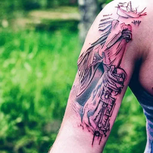 Image similar to a person with digital tatoos on the arms that show vital signs and health information standing in beautiful nature, intricate, HDR, very detailed