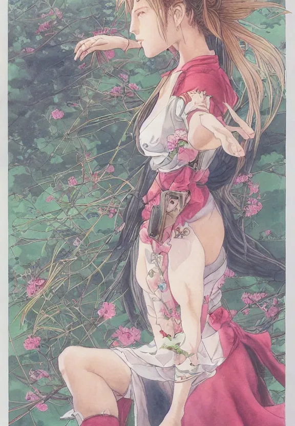 Prompt: aerith gainsborough, watercolor painting, full - body, ukiyo - e, nouveau, concept art, 8 0's fantasy art, yoshitaka amano, highly detailed, intricate, trending on artstation, award - winning