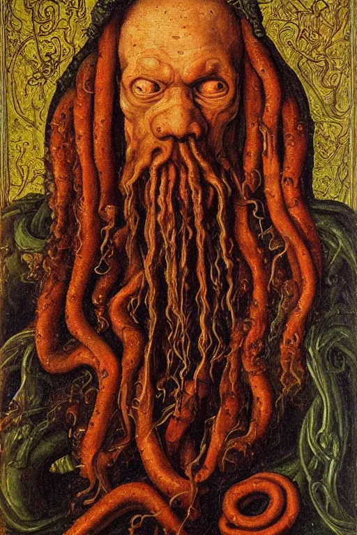 Prompt: portrait of cthulhu, oil painting by jan van eyck, northern renaissance art, oil on canvas, wet - on - wet technique, realistic, expressive emotions, intricate textures, illusionistic detail