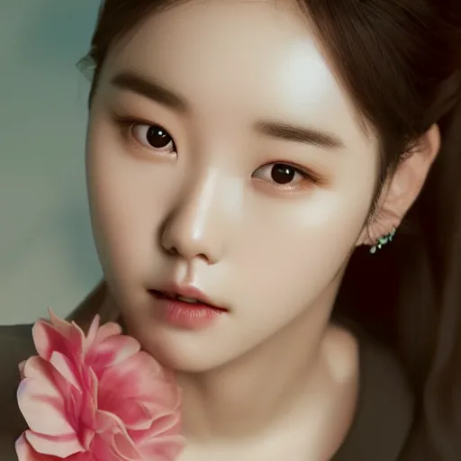 Image similar to portrait of IU aka Lee Ji-eun, seductive look, rule of thirds,, smooth,, sharp focus, James Jean pastiche by James Jean, octane render