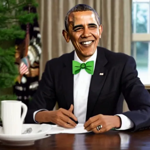 Image similar to realistic photo of casual barack obama with red hair wearing a black sweater and a green bow tie, still from riverdale