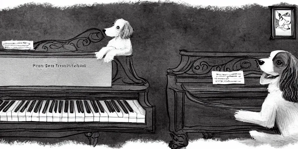 Image similar to cute a brown and white Spaniel playing a grand piano, illustration, b&w, fantasy