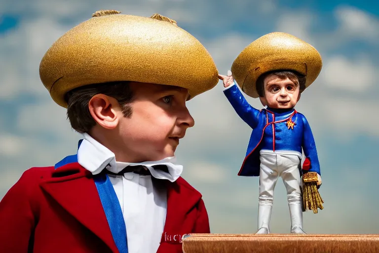 Image similar to closeup portrait of a tiny emmanuel macron dressed as napoleon standing on a desk, paris background, macro photo, bokeh, natural light, sharp, detailed face, magazine, press, steve mccurry, david lazar, canon, nikon, focus