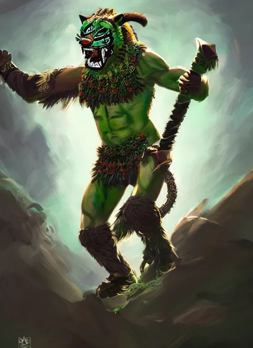 Prompt: a highly detailed illustration of fierce young aztec jaguar warrior boy wearing green jaguar mane, heroic roaring wielding aztec sword pose, muscular, intricate, elegant, highly detailed, centered, digital painting, artstation, concept art, smooth, sharp focus, league of legends concept art, wlop