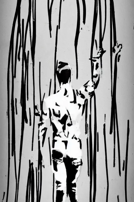 Image similar to street - art minimal thick paint brush strokes of a thin athletic male physique in style of banksy, minimalist line art, beautiful, flowing brush strokes, matte paint colors, digital art trending on artstation