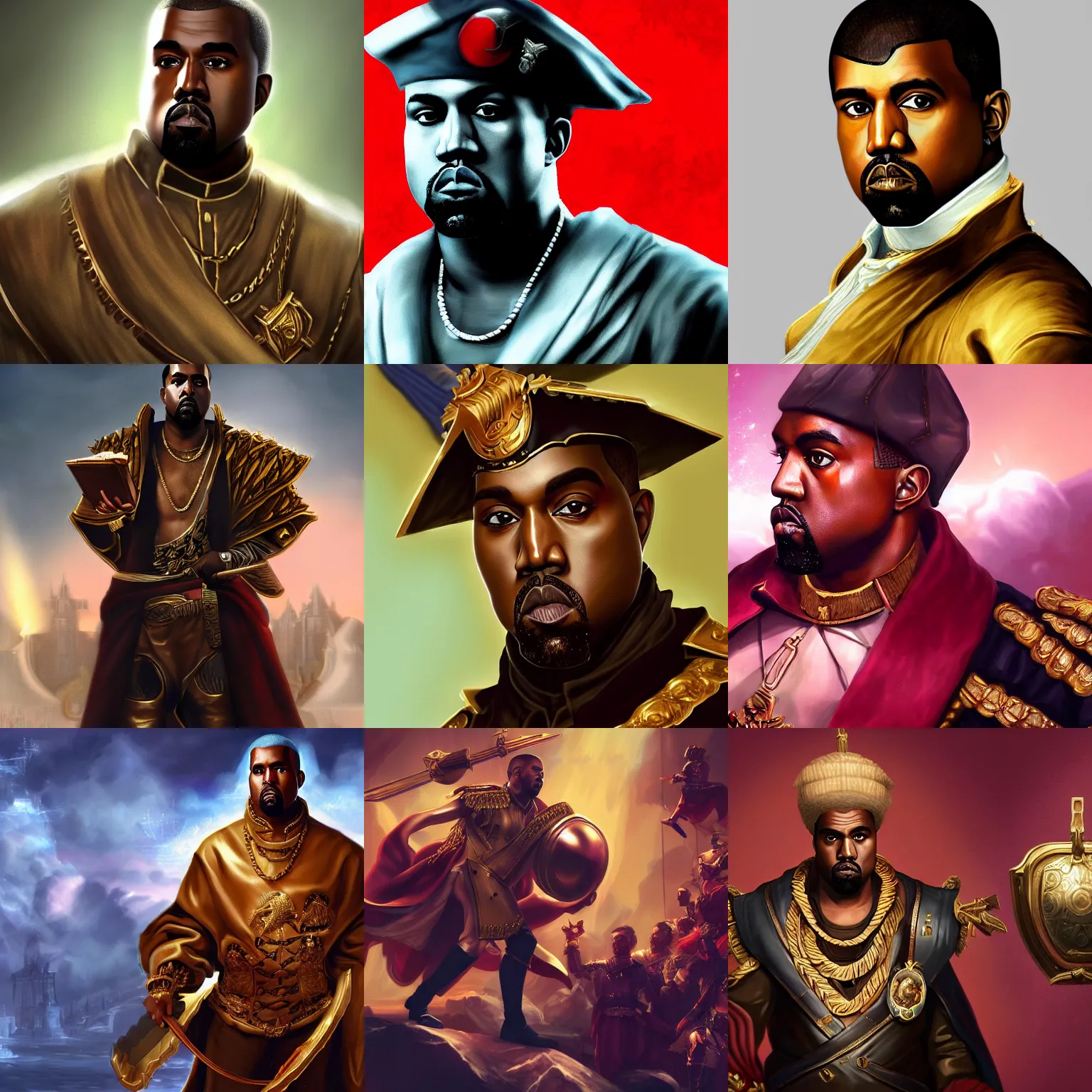 Image similar to Kanye West as emperor napoleon, League of Legends amazing splashscreen artwork, splash art, hd wallpaper, artstation