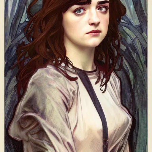 Image similar to a combination of Maisie Williams, Krysten Ritter, Anne Hathaway and Natalia Dwyer Christina Ricci and Lily Collins by Alphonse Mucha, Magali Villeneuve and Livia Prima, trending on artstation, long hair, dark eyes