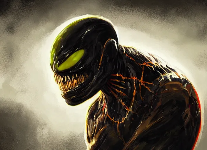 Prompt: venom fused with deadshot yellow eye open mouth rimlight, natural digital painting by greg rutkowski