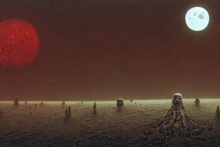 Image similar to a surreal and awe - inspiring science fiction landscape, skull - shaped moon, intricate, elegant, highly detailed matte painting by beksinski and simon stalenhag