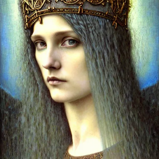 Image similar to detailed realistic beautiful young medieval queen face portrait by jean delville, tom bagshaw, brooke shaden, gustave dore and marco mazzoni, art nouveau, symbolist, visionary, gothic, pre - raphaelite, ornate gilded medieval icon, surreality, ethereal, unearthly, haunting, celestial, neo - gothic, ghostly, memento mori, enigmatic, spectral