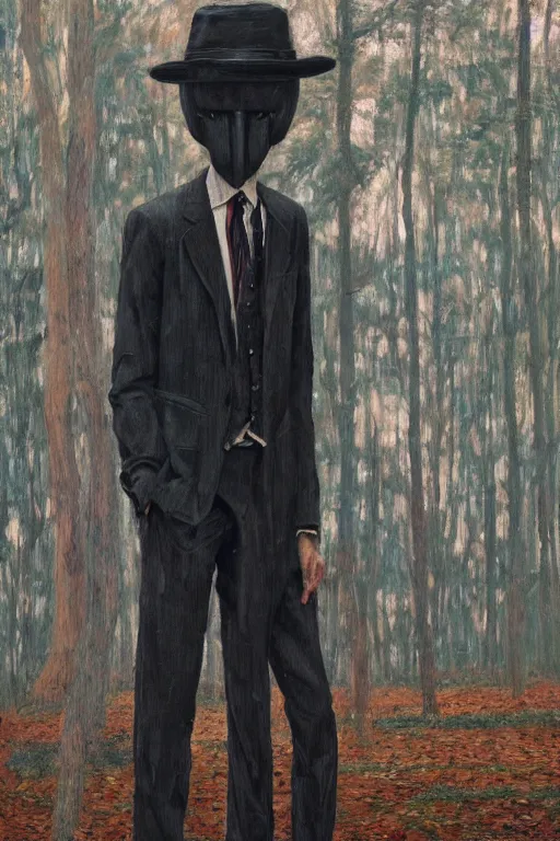 Image similar to close up portrait of slender - man wearing a suit, in a deserted playground in the woods, by frantisek kupka, intricate, miles johnston, kuroda seiki, cynical realism, ozabu, john william godward, painterly, yoshitaka amano, moebius, miles johnston, louise zhang, james jean, mark ryden