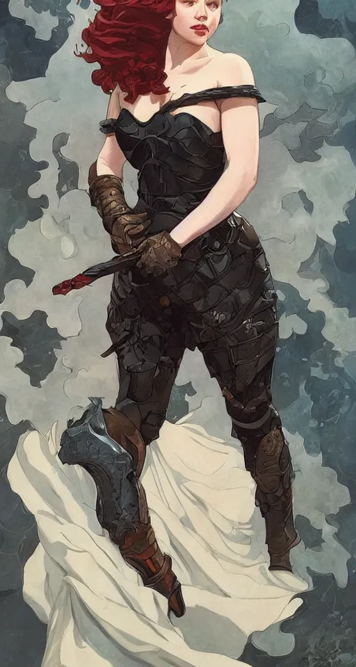 Image similar to redhead emilia clarke wearing black armour with bare legs, mucha, hard shadows and strong rim light, art by jc leyendecker and atey ghailan and sachin teng