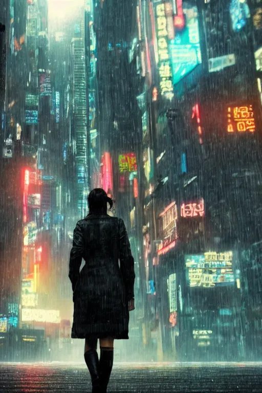 Image similar to A girl stands in front of cyberpunk city, in the rain,in theme of Bladerunner movie.