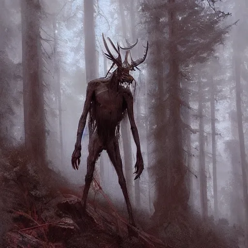 Prompt: portait of a wendigo!!!!!!!!!! in a forest, by jeremy mann, by tiepolo, mike mignola, by greg rutkowski, misty, at dusk, mysterious atmosphere, high detailed, 8 k