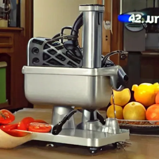 Prompt: tv still of a 2001 juicing machine informercial