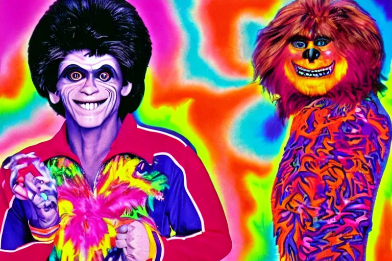 Image similar to lisa frank painting of willem dafoe at showbiz pizza 1 9 8 9