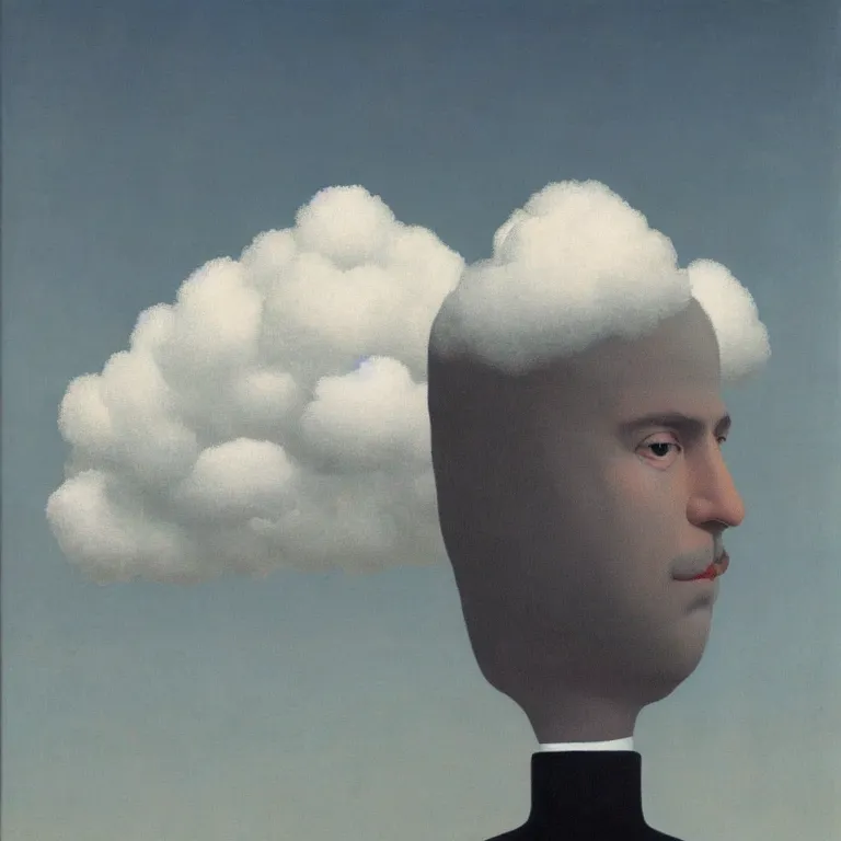 Image similar to portrait of a cloud head man, by rene magritte, centered, detailed painting, hd, hq, high resolution, high detail, 4 k, 8 k