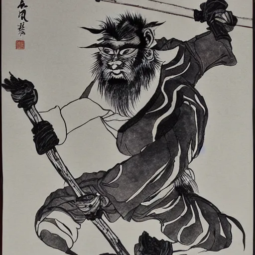 Image similar to a Chinese ink painting, taoism wukong, by wu daozi, HD,