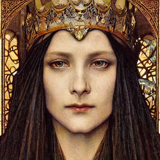 Prompt: detailed realistic beautiful young medieval queen face portrait by jean delville and tony diterlizzi, art nouveau, symbolist, visionary, gothic, pre - raphaelite