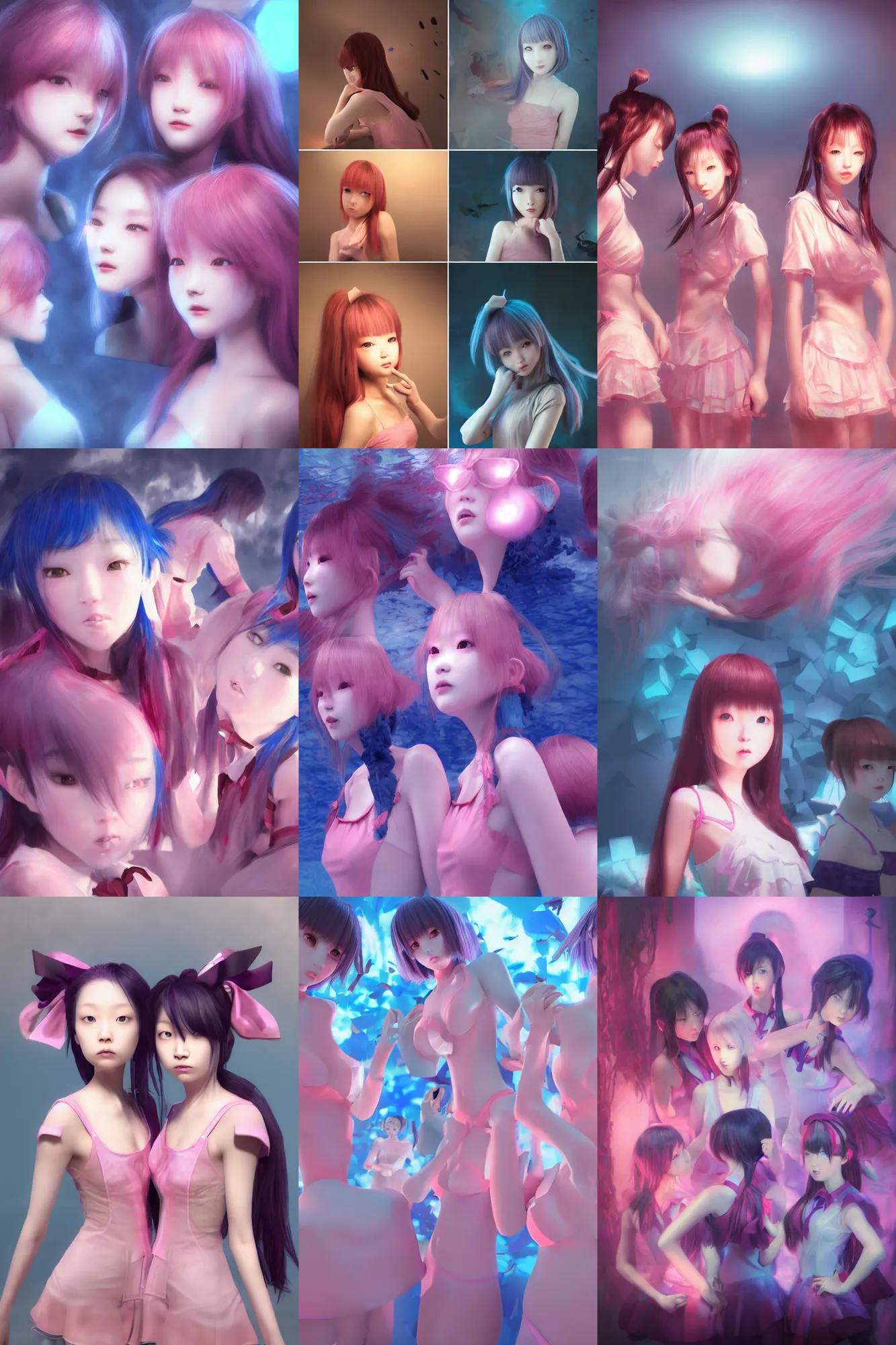 Image similar to 3d dark infrared octane render concept art by D. Jun, by Mo Xiang Tong Xiu, by Igarashi Daisuke, beauty portrait anime schoolgirls under dark pink and blue water. cute face. complex mirror room. dramatic light, trending on artstation.