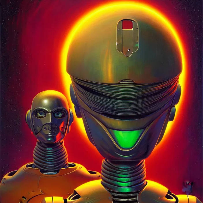 Prompt: cinematic bust portrait of shiny psychedelic robot from left, head and chest only, exotic alien features, robotic enhancements, desaturated, Tim Hildebrandt, Wayne Barlowe, Bruce Pennington, donato giancola, larry elmore, oil on canvas, masterpiece, trending on artstation, featured on pixiv, cinematic composition, dramatic pose, beautiful lighting, sharp, details, hyper-detailed, HD, HDR, 4K, 8K