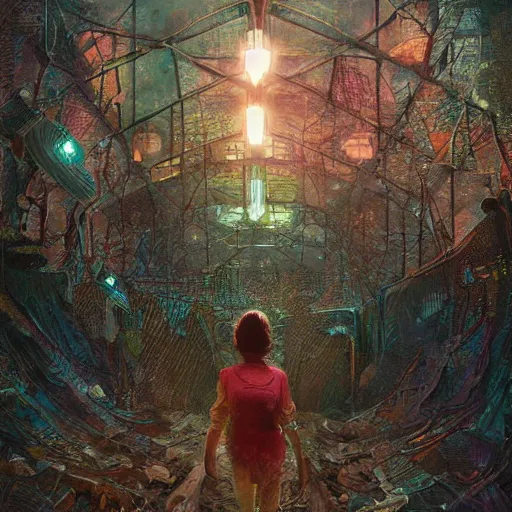 Image similar to a girl in chernobyl disneyland, digital illustration, by android jones and greg rutkowski, retrowave color scheme, detailed, cinematic lighting, wide angle action dynamic portrait