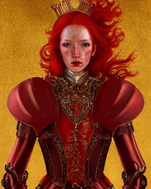 Image similar to redhead queen knight in red armor, exposed beating heart in chest with gold veins, inside grand hall in castle with rococo aesthetic, crown, scar face, elden lord, intimidating, high fantasy, intricate detail, digital painting, artstation, concept art, smooth, sharp focus, illustration, art by yoshitaka amano and monia merlo and wlop