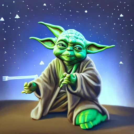 Prompt: Painting of Yoda building a sukkah, holding out his hands to use the force, pieces are floating, trending on artstation