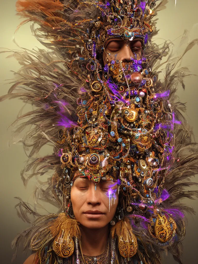 Image similar to an ancient mystical alluring tribal elder wearing an intricate head dress of feathers and jewels generating flowing energy and surrounded by wisps of incense smoke sits meditating in a cybernetic robot temple, face face face, by justin gerard and android jones, 3 d, cinema 4 d render, trending on artstation, 8 k