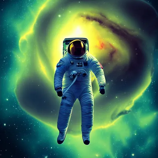 Image similar to portrait of an astronaut floating in a nebula, digital art, detailed