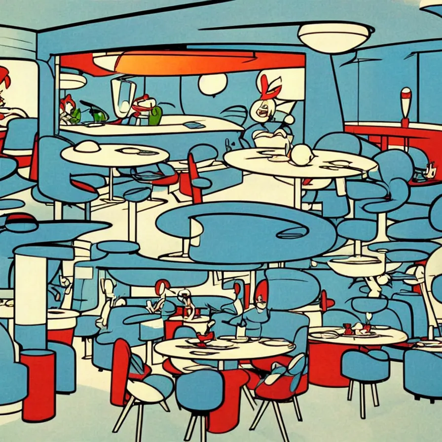 Prompt: concept art of jetsons cartoon indoor 5 0 s modern dinning room, painted by charlie harper