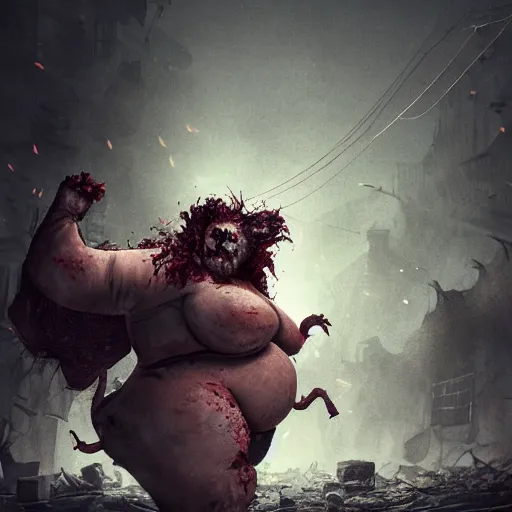 Prompt: angry extremely fat obese giant zombie woman, full body portrait, with clothese, horror core, apocalyptic, feeling of grimdark, sharp focus, fiction, hyper detailed, digital art, trending in artstation, cinematic lighting, studio quality, smooth render, unreal engine 5 rendered, octane rendered, art style and nixeu and wlop and krenz cushart