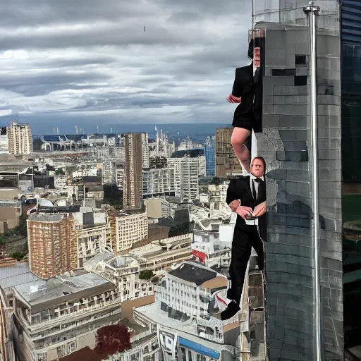 Image similar to Jon Favreau as clean-shaven Happy Hogan wearing a black suit and black necktie and black dress shoes is climbing up the side of a tall building in an urban city. The sky is filled with dark clouds and the mood is ominous.